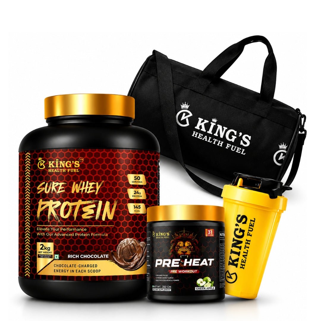 Sure Whey Protein 2kg + Pre Workout + Gym Bag + Shaker Lean Muscle Combo Pack | KHF - Kings Health Fuel