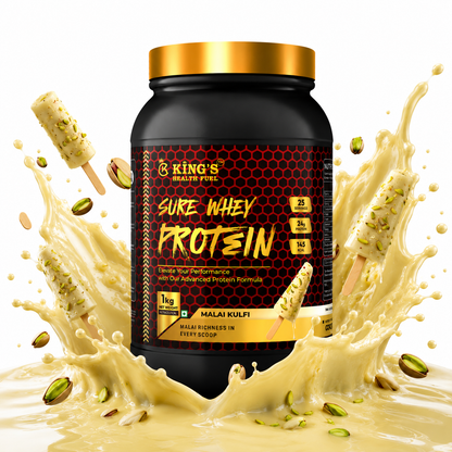 Kings Health Fuel Sure Whey Protein Malai Kulfi 1kg 24g protein per scoop