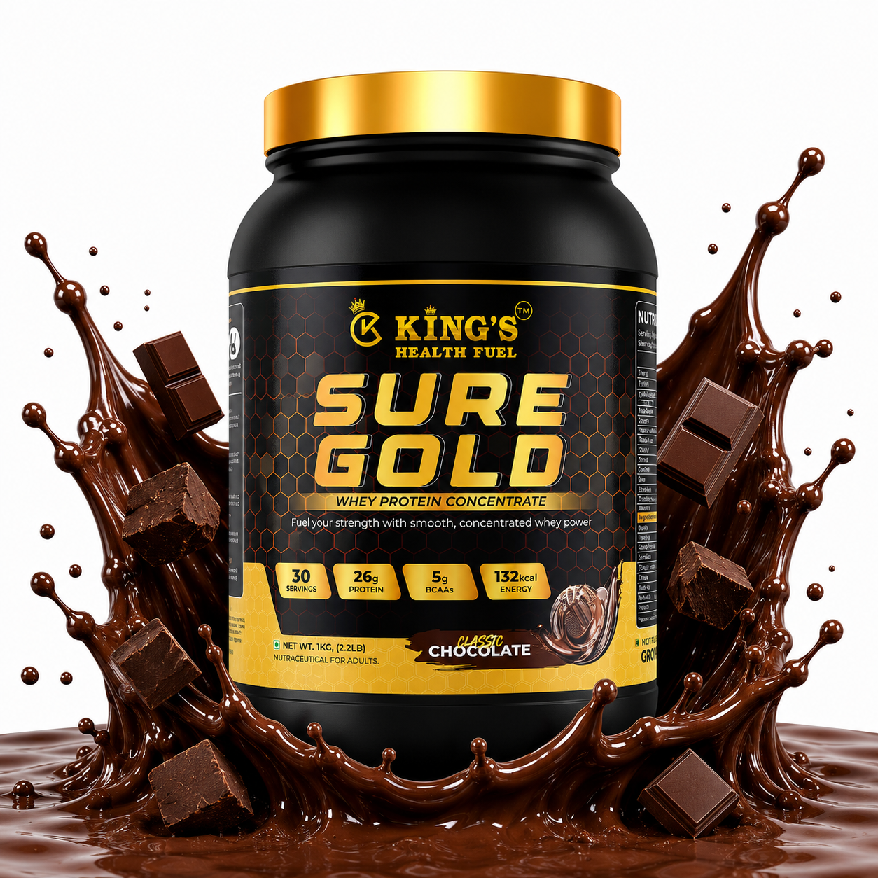 Kings Health Fuel Sure Gold Whey Concentrate Chocolate 1kg pack front