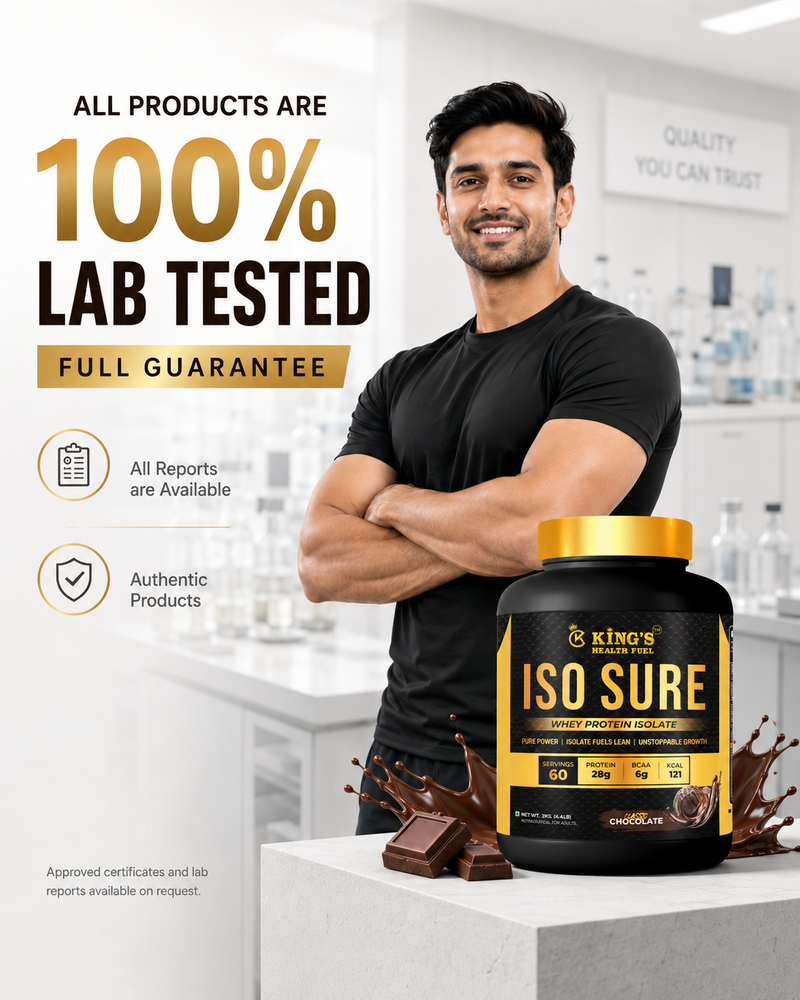 Best Whey Protein Isolate in India, Kings Health Fuel ISO Sure Whey Protein Chocolate Flavor, Lab Tested Protein Powder for Muscle Growth, Recovery and Lean Muscle Building