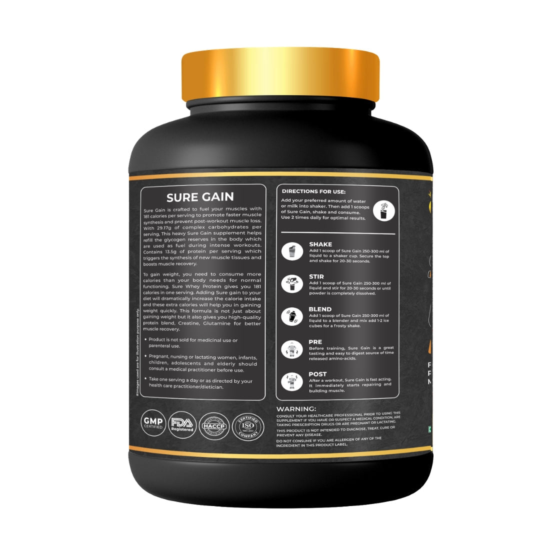 Kings Health Fuel Sure Mass Gainer back label directions for use and certifications