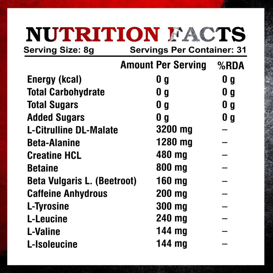 Kings Health Fuel Pre Heat Pre Workout nutrition facts label with caffeine and beta alanine