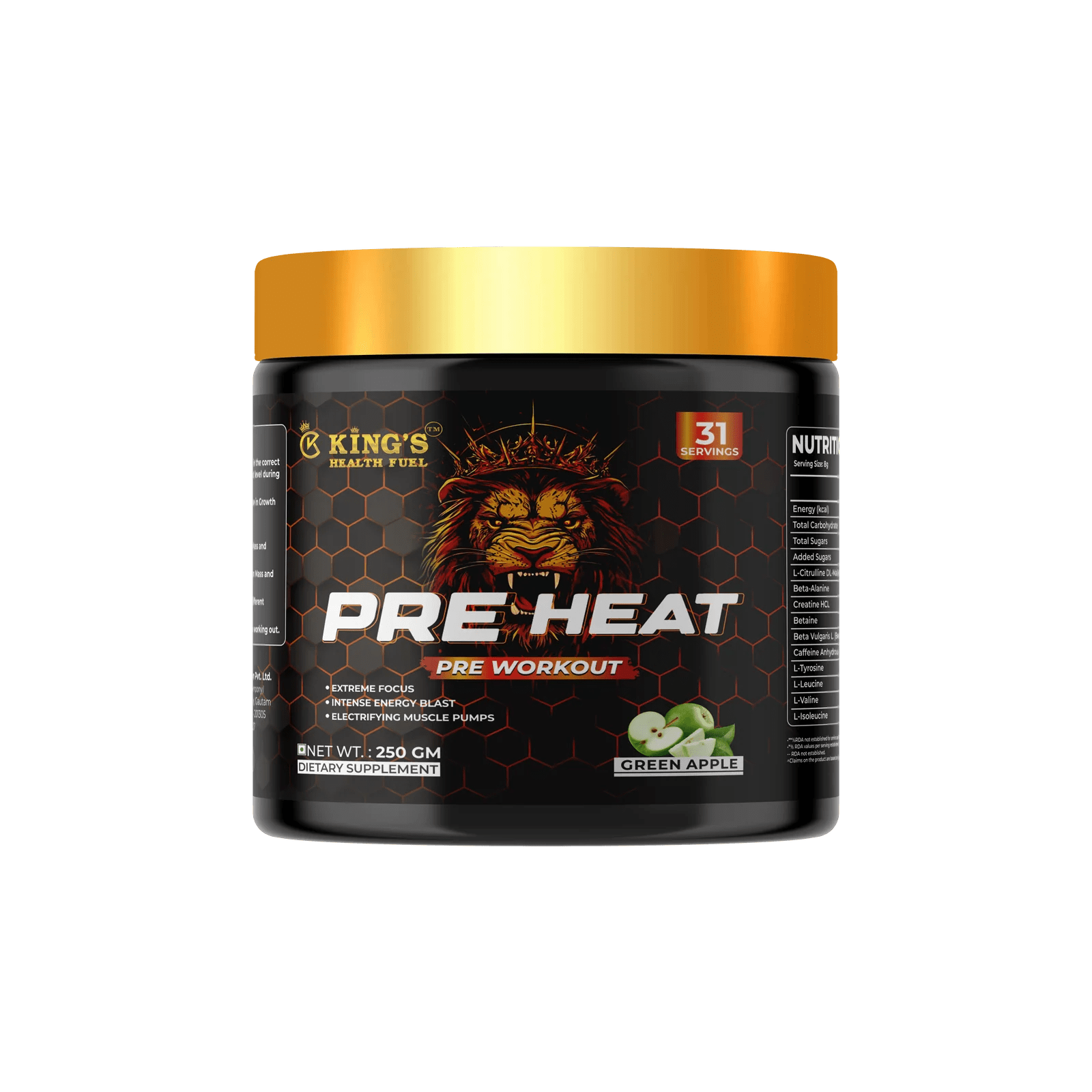 Kings Health Fuel Pre Heat Pre Workout Green Apple 250g pack front