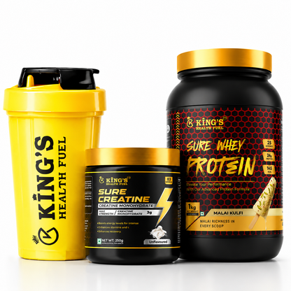 Kings Health Fuel Sure Whey Protein Malai Kulfi 1kg Creatine and Shaker combo pack