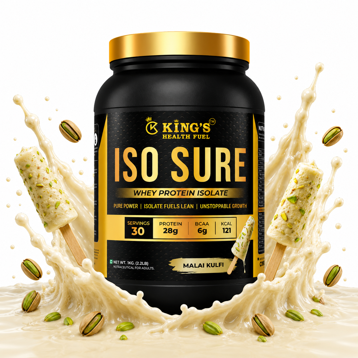 Kings Health Fuel Iso Sure Whey Protein Isolate malai kulfi 1kg front of pack