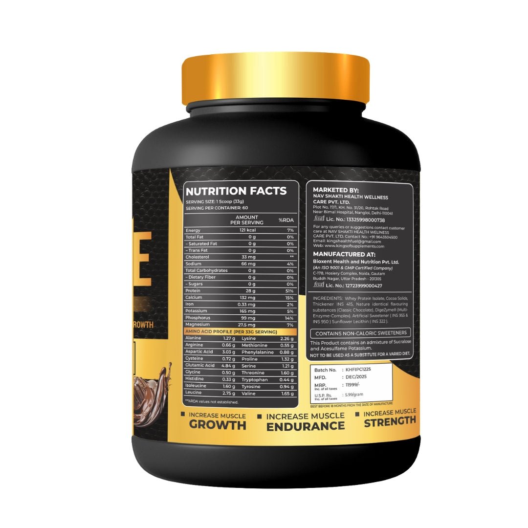 Iso Sure Whey Isolate rich chocolate 2kg nutrition facts and 28g protein label
