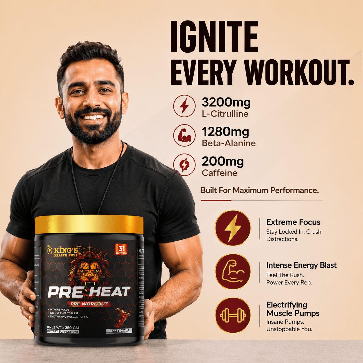 Pre Heat Pre Workout – Energy, Focus & Pump with Caffeine + Beta-Alanine (250g)| KHF - Kings Health Fuel