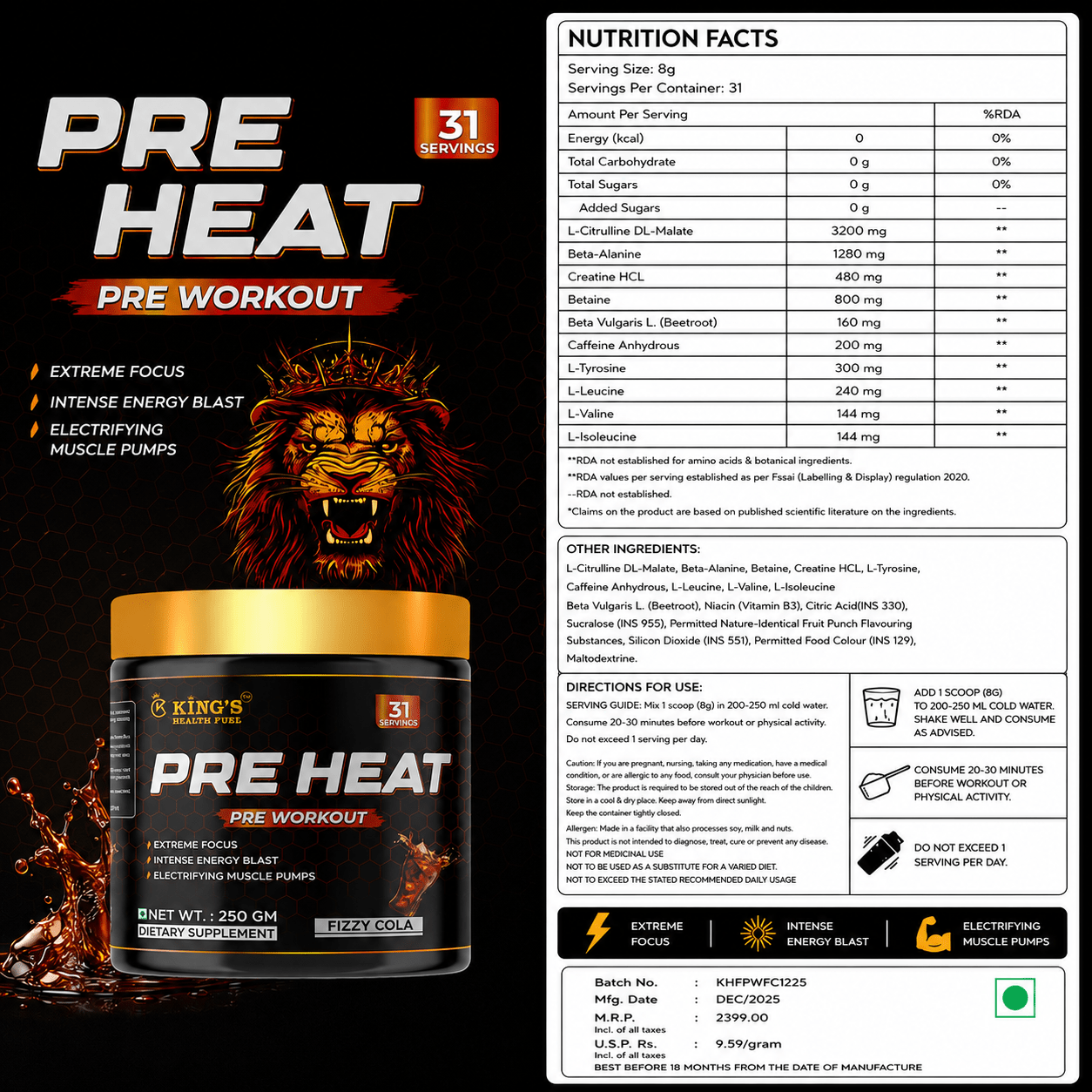 Pre Heat Pre Workout – Energy, Focus & Pump with Caffeine + Beta-Alanine (250g)| KHF - Kings Health Fuel