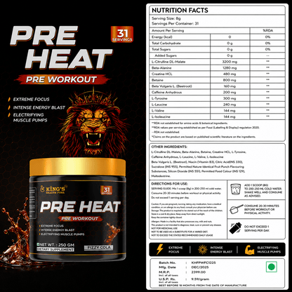 Pre Heat Pre Workout – Energy, Focus & Pump with Caffeine + Beta-Alanine (250g)| KHF - Kings Health Fuel