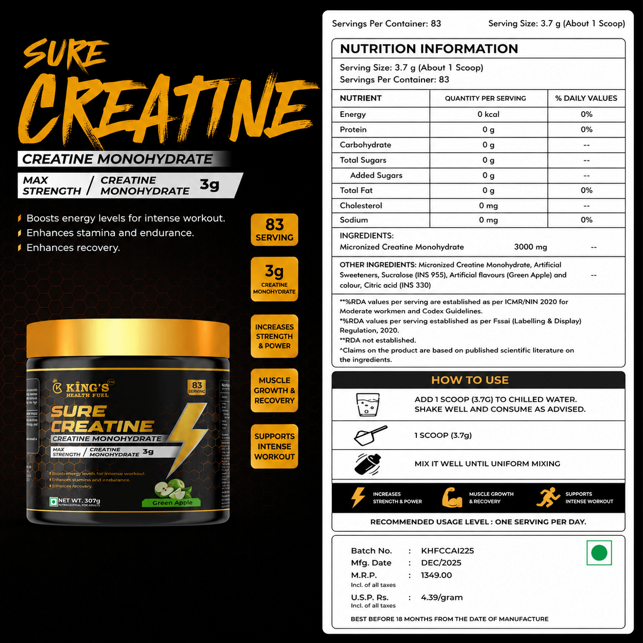Sure Creatine Monohydrate – Pure Micronised Creatine for Strength, Power & Recovery | KHF - Kings Health Fuel
