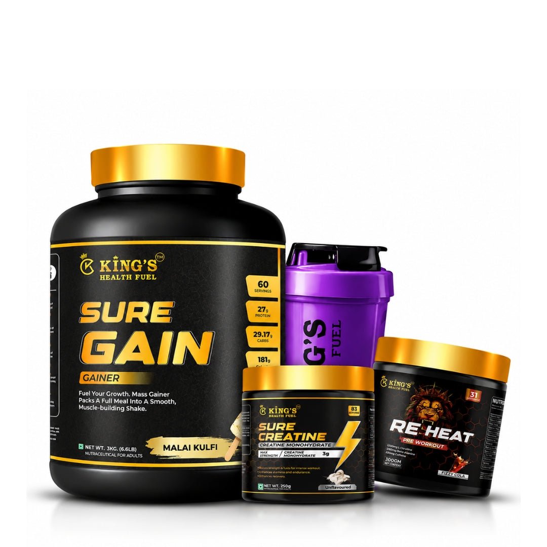 Sure Gain Mass 3kg Gainer + Pre Workout + Creatine + Shaker Combo Lean Muscle Combo Pack | KHF - Kings Health Fuel
