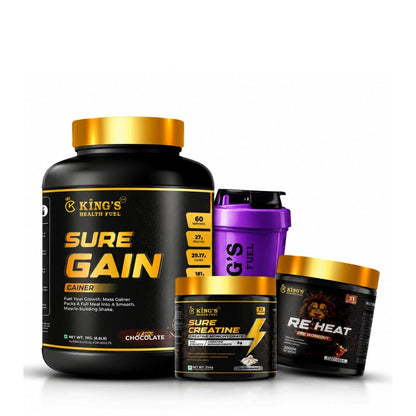 Sure Gain Mass 3kg Gainer + Pre Workout + Creatine + Shaker Combo Lean Muscle Combo Pack | KHF - Kings Health Fuel
