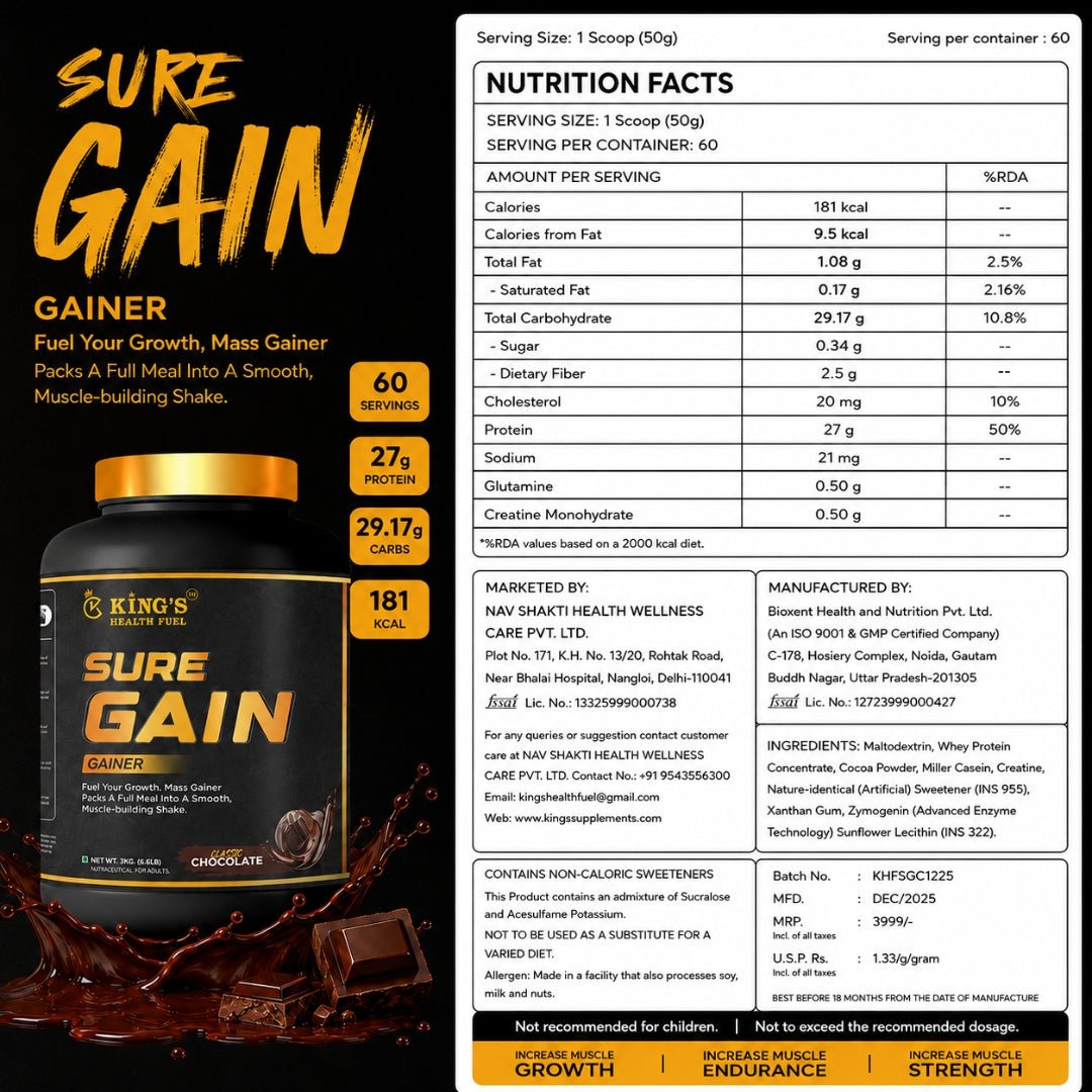 Sure Gain Mass Gainer 3kg – High-Calorie Weight Gainer with 27g Protein per Serving | KHF - Kings Health Fuel
