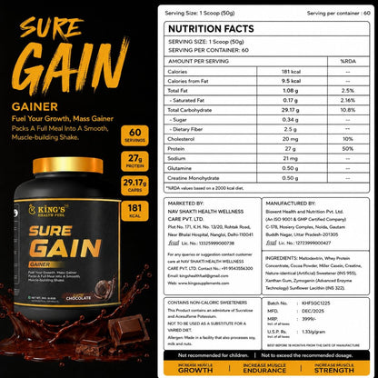 Sure Gain Mass Gainer 3kg – High-Calorie Weight Gainer with 27g Protein per Serving | KHF - Kings Health Fuel