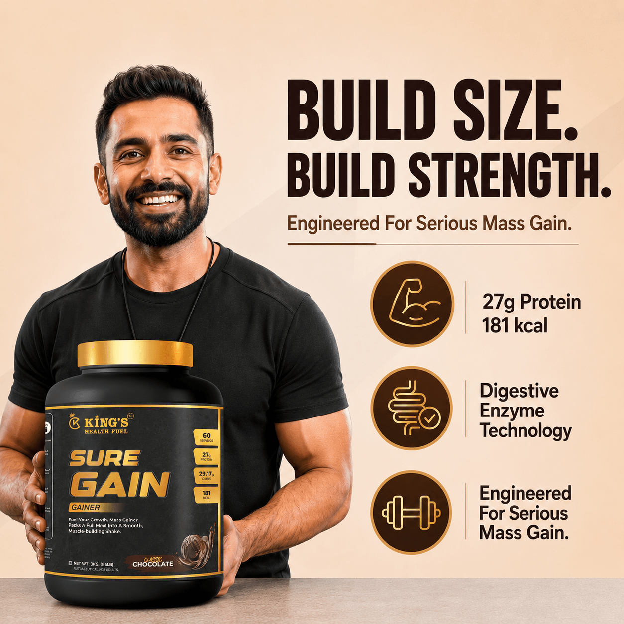 Sure Gain Mass Gainer 3kg – High-Calorie Weight Gainer with 27g Protein per Serving | KHF - Kings Health Fuel