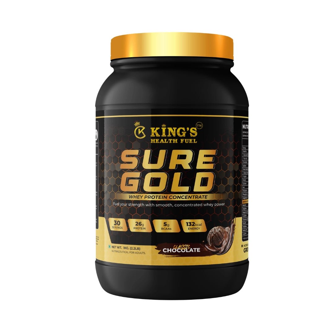 Kings Health Fuel Sure Gold Whey Protein Chocolate 1kg pack front view 26g protein