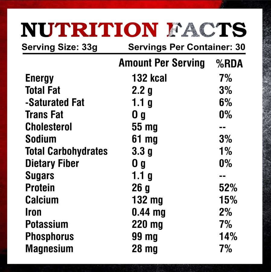 Kings Health Fuel Sure Gold Whey Protein nutrition facts label 26g protein 132 calories per scoop