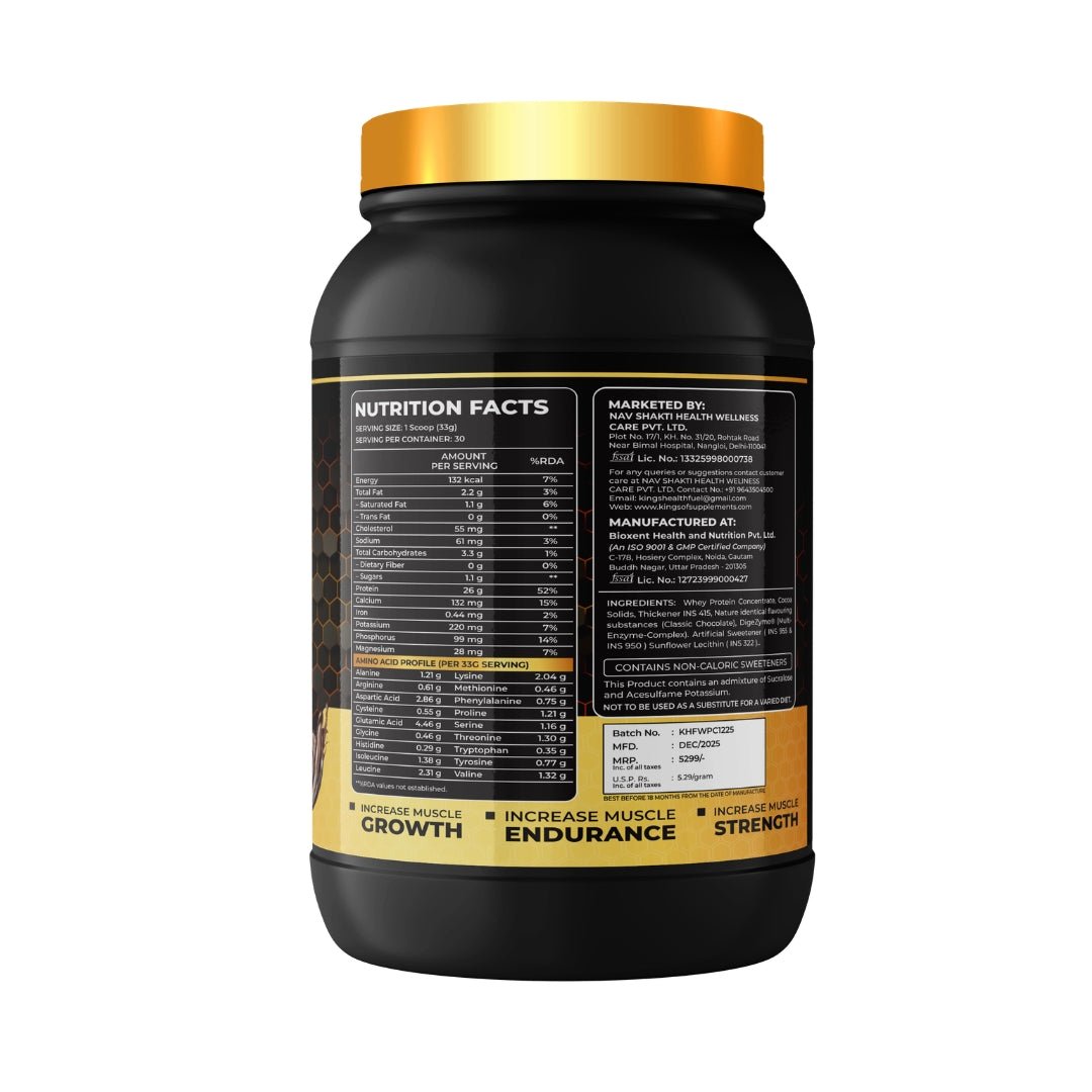 Kings Health Fuel Sure Gold Whey Protein back label nutrition facts and ingredients