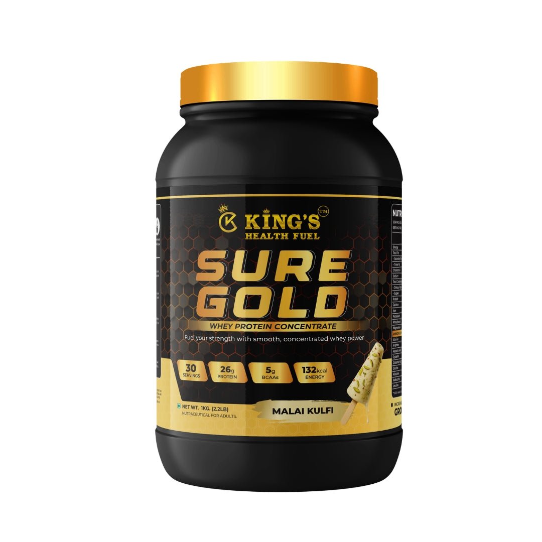 Kings Health Fuel Sure Gold Whey Protein Malai Kulfi 1kg pack front view 26g protein