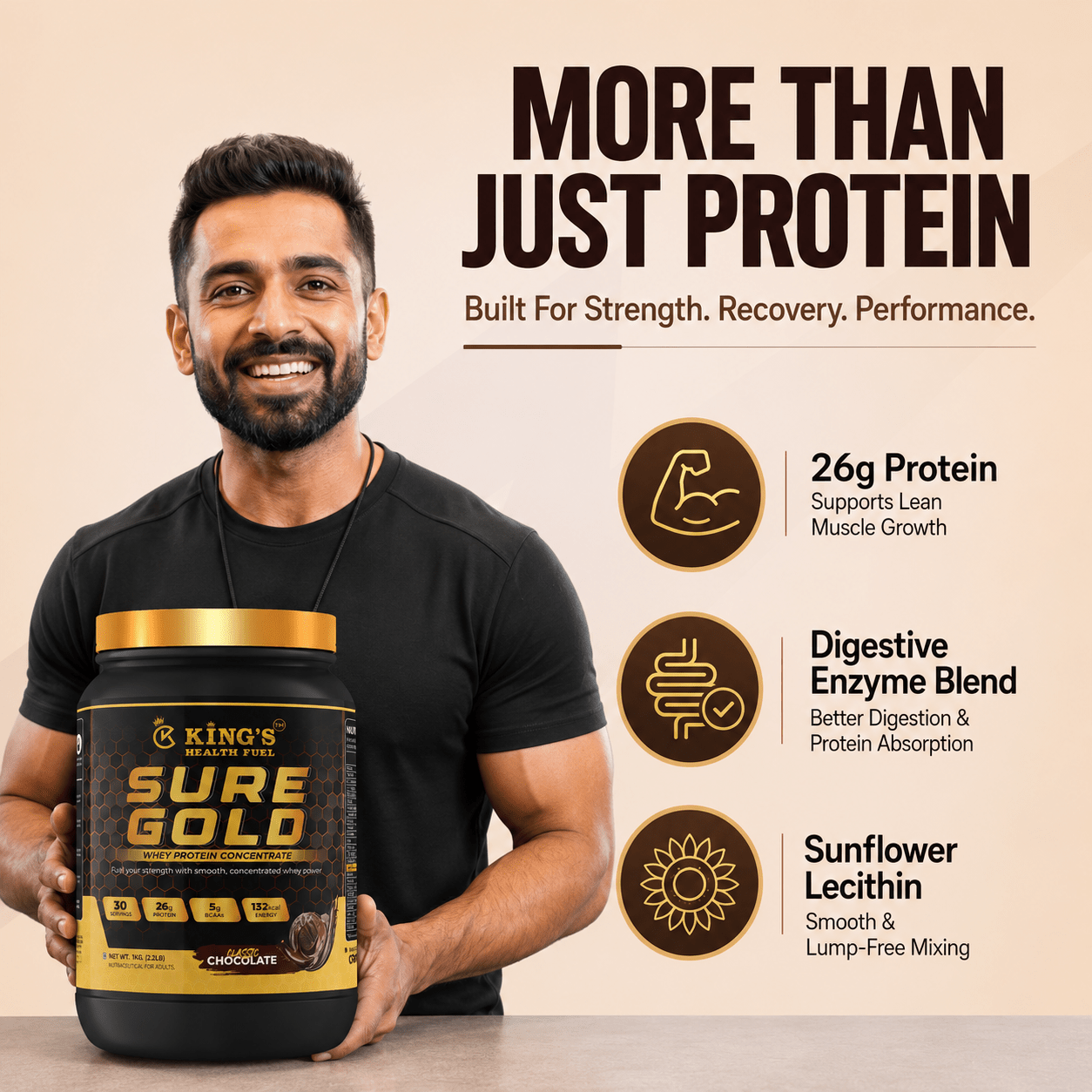 Sure Gold Whey Protein Concentrate – 26g Protein per Scoop | Premium Daily Whey | KHF - Kings Health Fuel