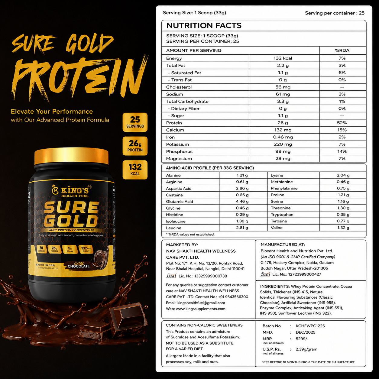 Sure Gold Whey Protein Concentrate – 26g Protein per Scoop | Premium Daily Whey | KHF - Kings Health Fuel