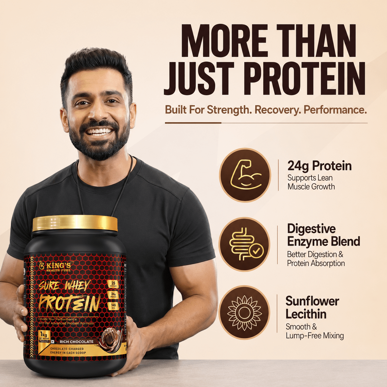 Sure Whey Protein – 24g Protein, BCAA & EAA per Scoop | Daily Whey for Muscle & Recovery | KHF - Kings Health Fuel