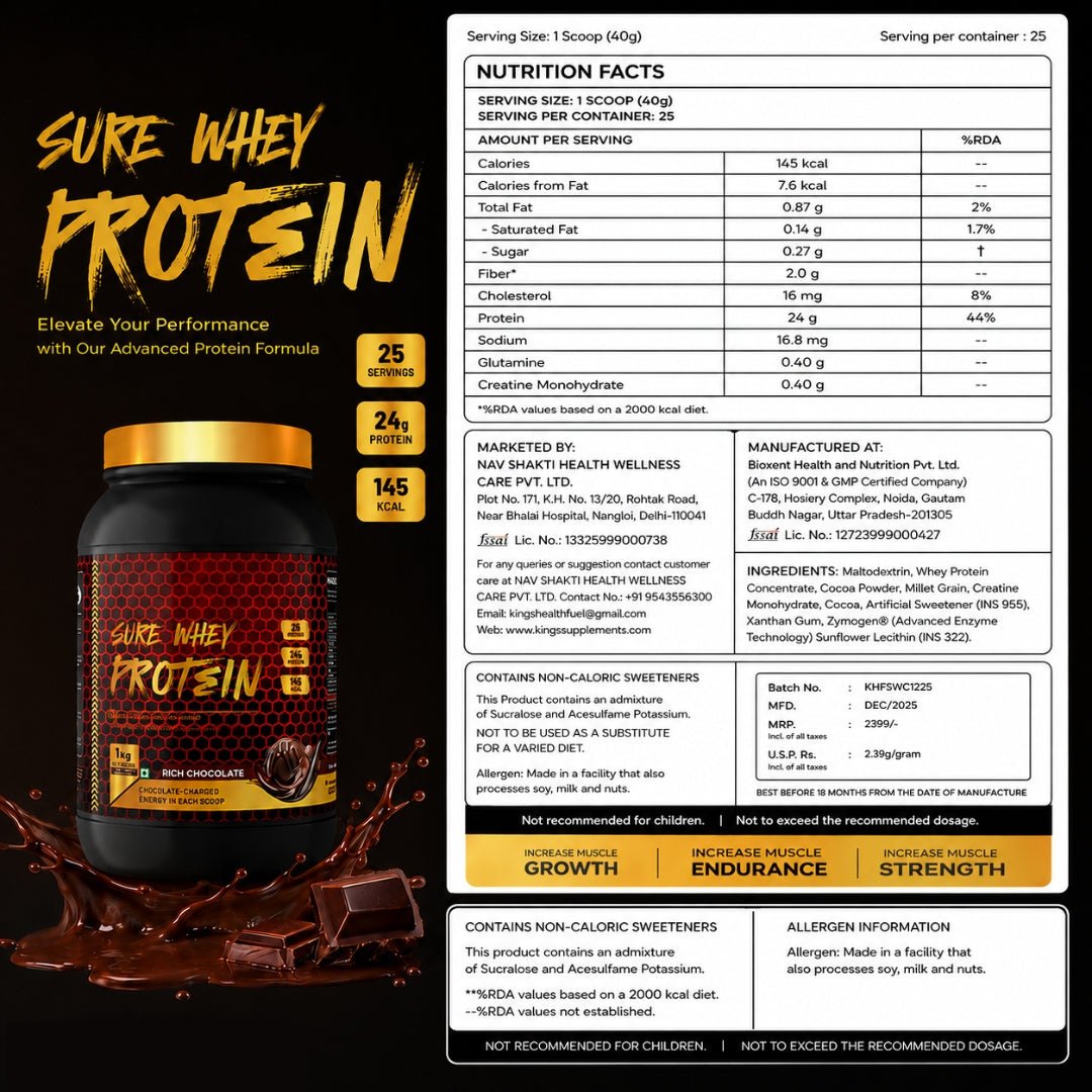 Sure Whey Protein – 24g Protein, BCAA & EAA per Scoop | Daily Whey for Muscle & Recovery | KHF - Kings Health Fuel
