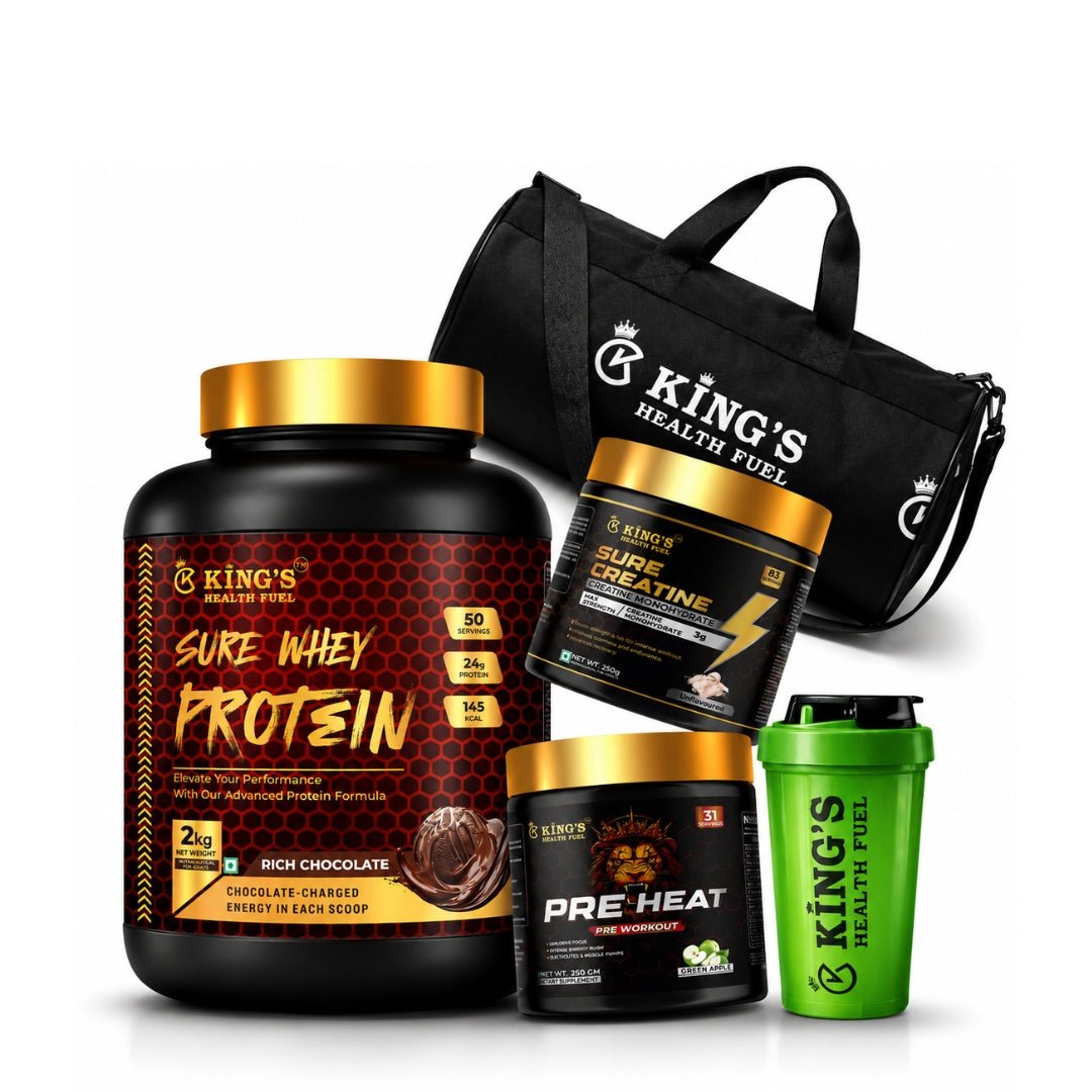 Sure Whey Protein 2kg + Creatine + Pre Workout + Gym Bag + Shaker Lean Muscle Combo Pack | KHF - Kings Health Fuel