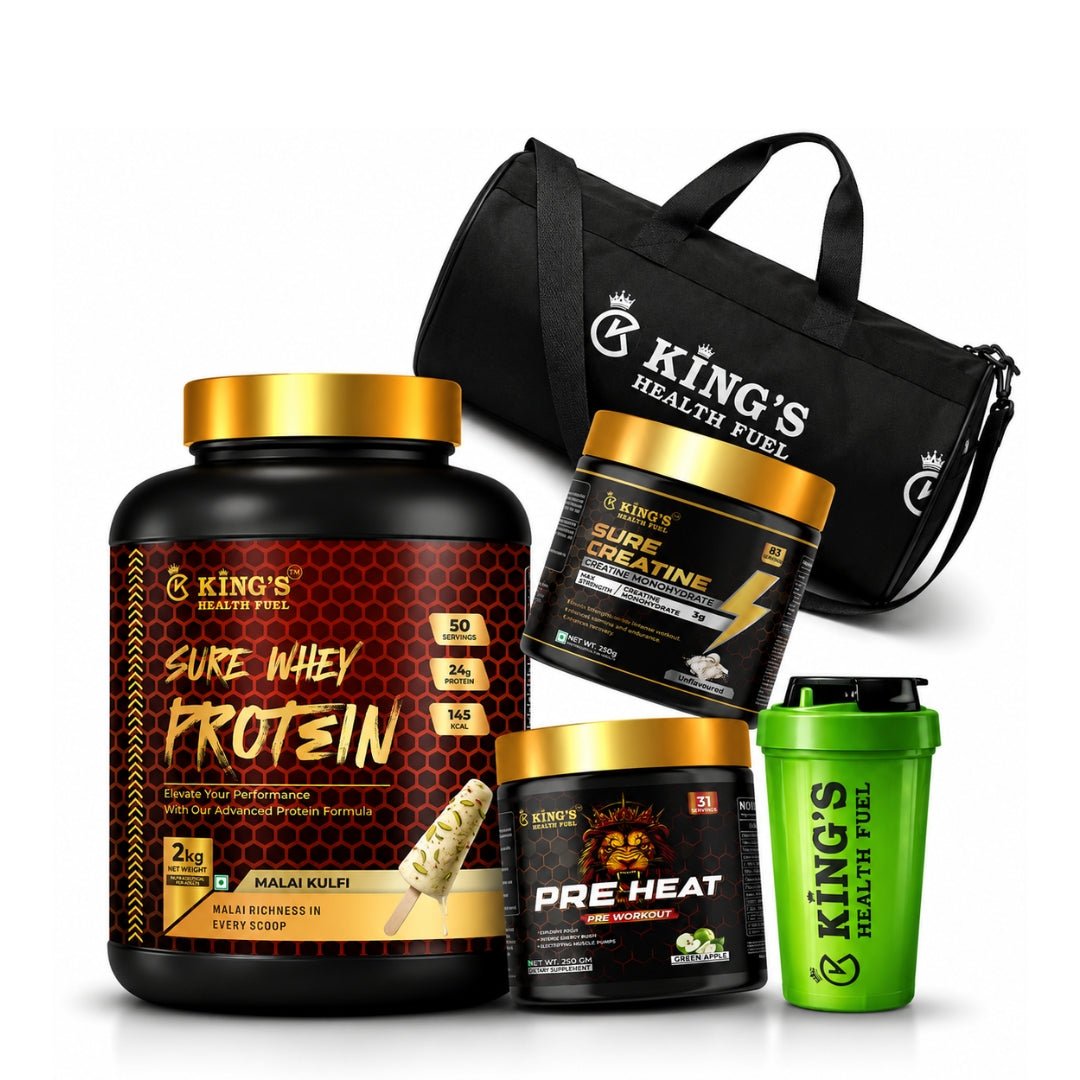 Sure Whey Protein 2kg + Creatine + Pre Workout + Gym Bag + Shaker Lean Muscle Combo Pack | KHF - Kings Health Fuel