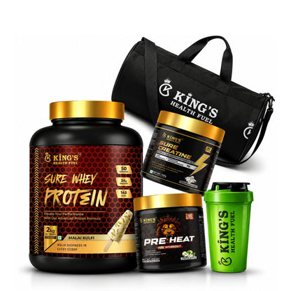 Sure Whey Protein 2kg + Creatine + Pre Workout + Gym Bag + Shaker Lean Muscle Combo Pack | KHF - Kings Health Fuel