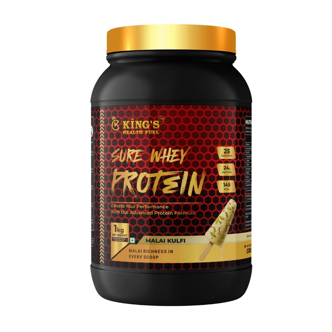 Kings Health Fuel Sure Whey Protein Malai Kulfi 1kg pack front view 24g protein