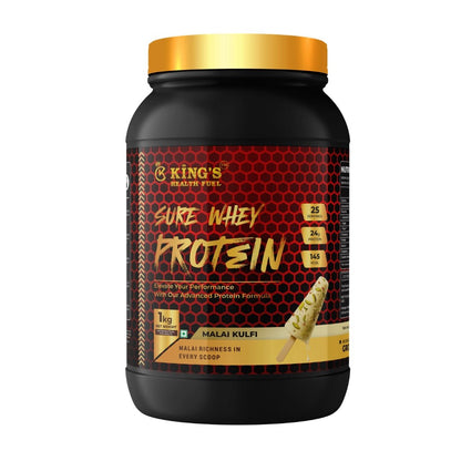 Kings Health Fuel Sure Whey Protein Malai Kulfi 1kg pack front view 24g protein
