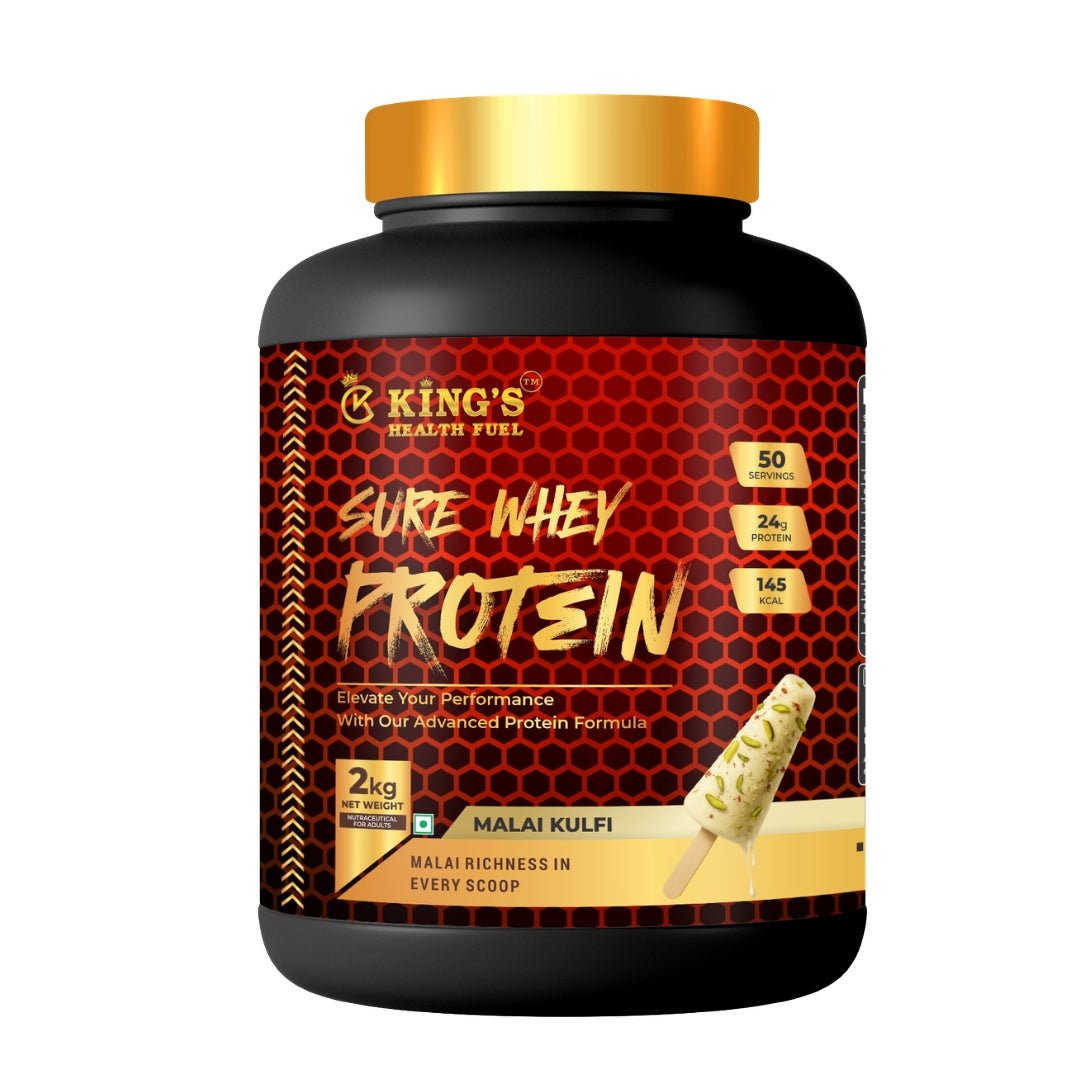 Kings Health Fuel Sure Whey Protein Malai Kulfi 2kg pack front view 24g protein